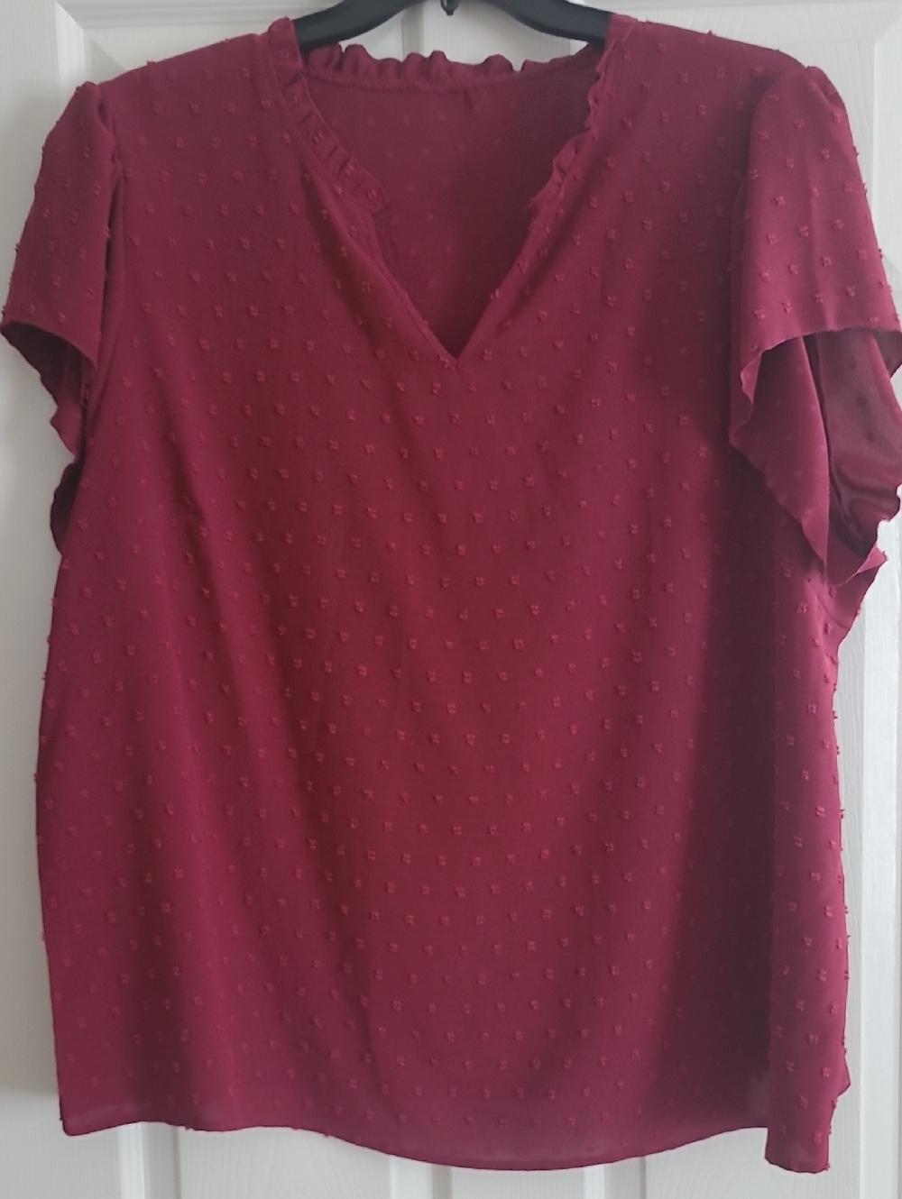 SHEIN Burgundy Textured V-Neck Flutter Sleeve Blouse
